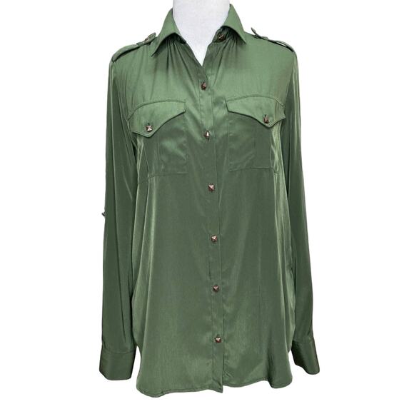 Rock & Republic Silky Army Green Button Up Blouse Size XS - Picture 1 of 6